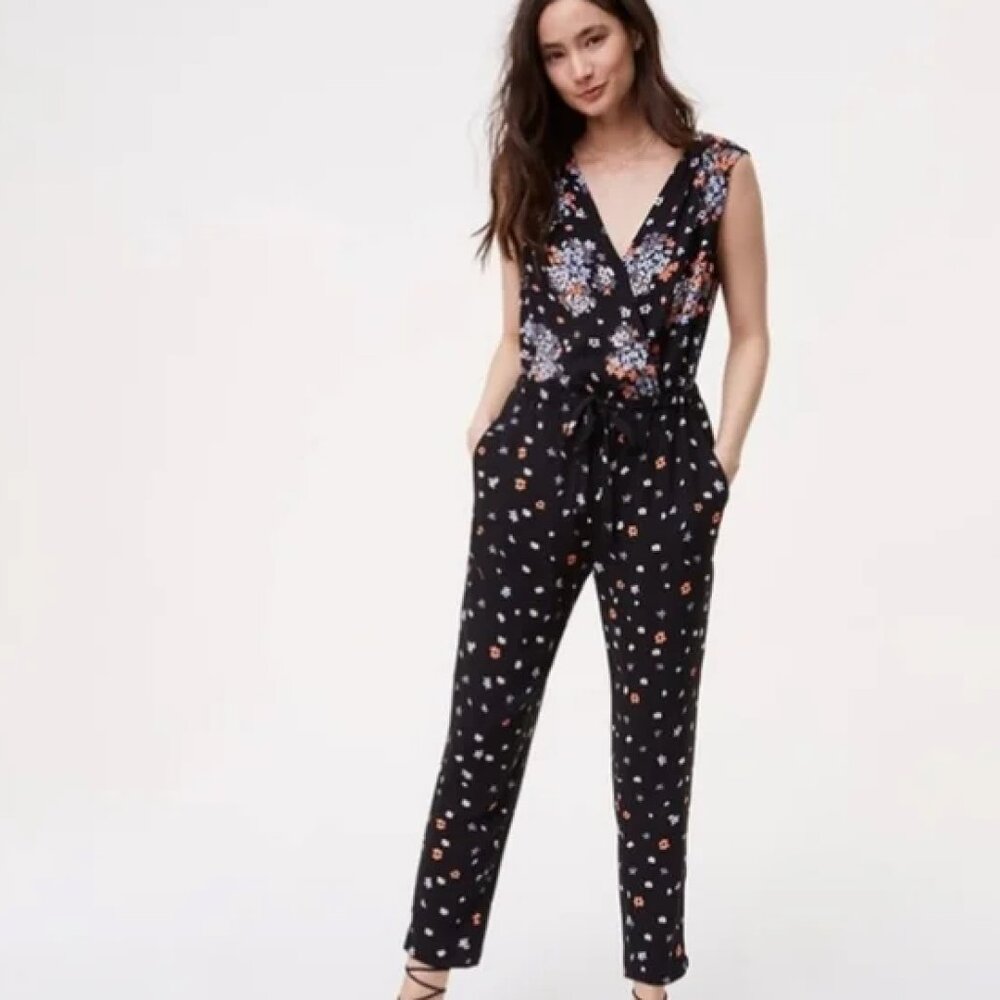 Loft Sleeveless Jumpsuit Cinch Waist Black with Flowers Size Large